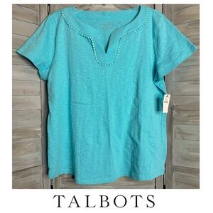 Talbots dot trim split neck short sleeve tee T-shirt turquoise blue LARGE NWT